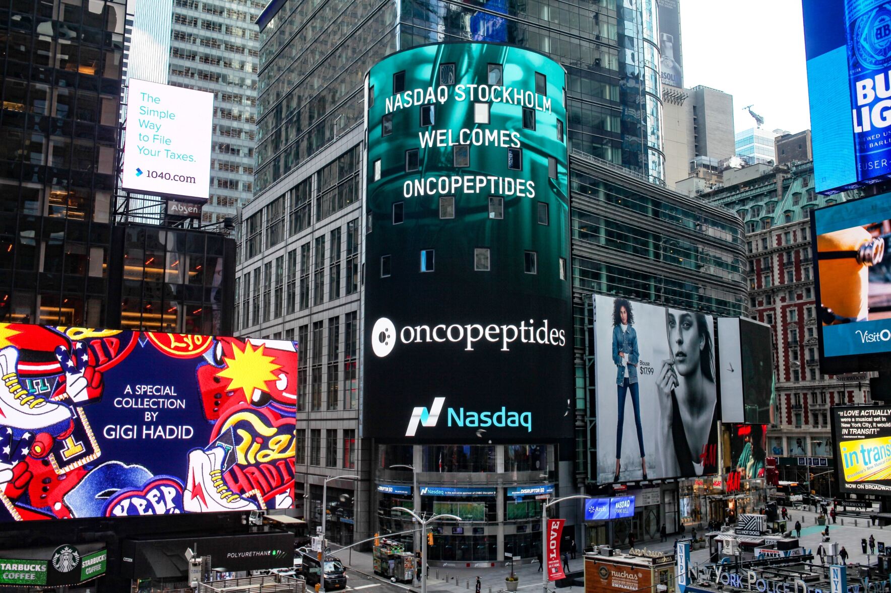 Image from the 22nd February 2017 of a billboard that announces that Nasdaq Stockholm welcomes Oncopeptides.